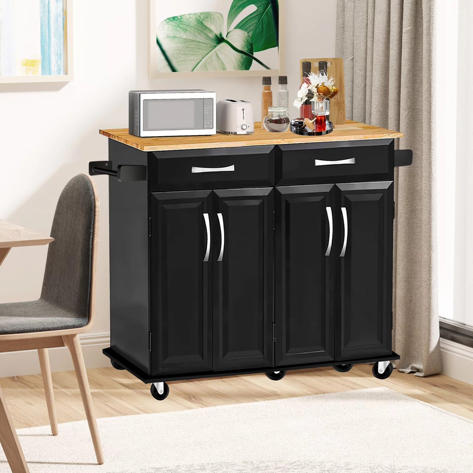 Codesfir Kitchen Island with Drawers and Large Storage Cabinet, Rolling Kitchen Serving Cart with Towel Holder Utility Trolley and Adjustable Shelves, Rubber Wood Top, Easy to Assembly,(Black)
