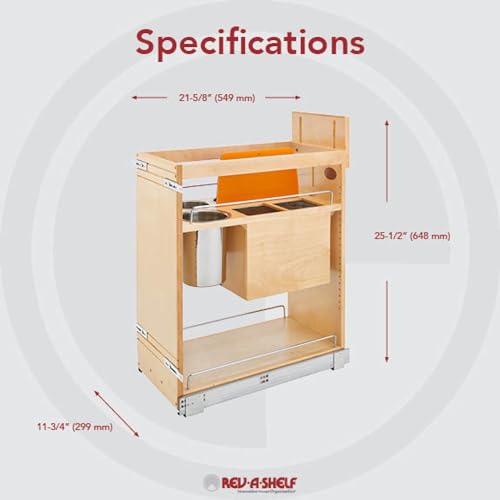 Rev-A-Shelf 448KB-BCSC-11C 11 Inch Base Pullout Kitchen Cabinet Organizer with 2 Universal Knife Blocks and Stainless Steel Utensil Storage Bin