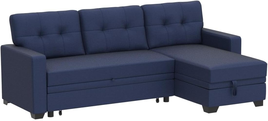 Devion Furniture L-Shape Linen Sleeper Sectional Sofa for Living Room, Home Furniture, Apartment, Dorm Sofabed, Blue
