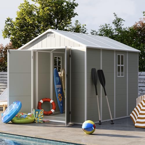 UDPATIO Outdoor Storage Shed 6 x 6 FT, Resin Garden Sheds with Floor Plastic Patio Outdoor Storage Shed with Lockable Door for Tool, Bike, Garbage Gray White