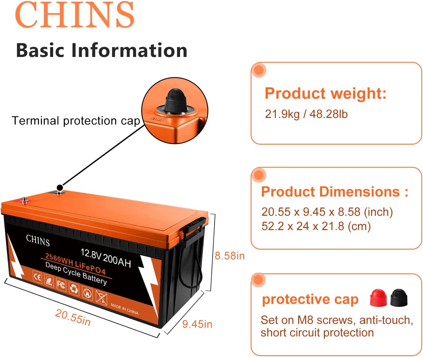 CHINS LiFePO4 Battery 12V 300Ah Lithium Battery - Built-in 200A BMS, Perfect for Replacing Most of Backup Power, Home Energy Storage and Off-Grid etc.