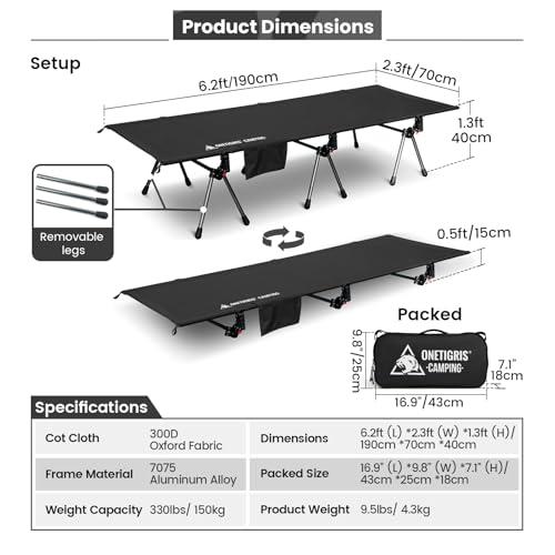 OneTigris SUPRANUBIS Camping Cot, Height Adjustable with Cot Leg Extenders, Strong Support 330lbs, Portable Folding Bed for Camping, Hiking, Travel, Truck, Beach, Office Nap (Ranger Green)