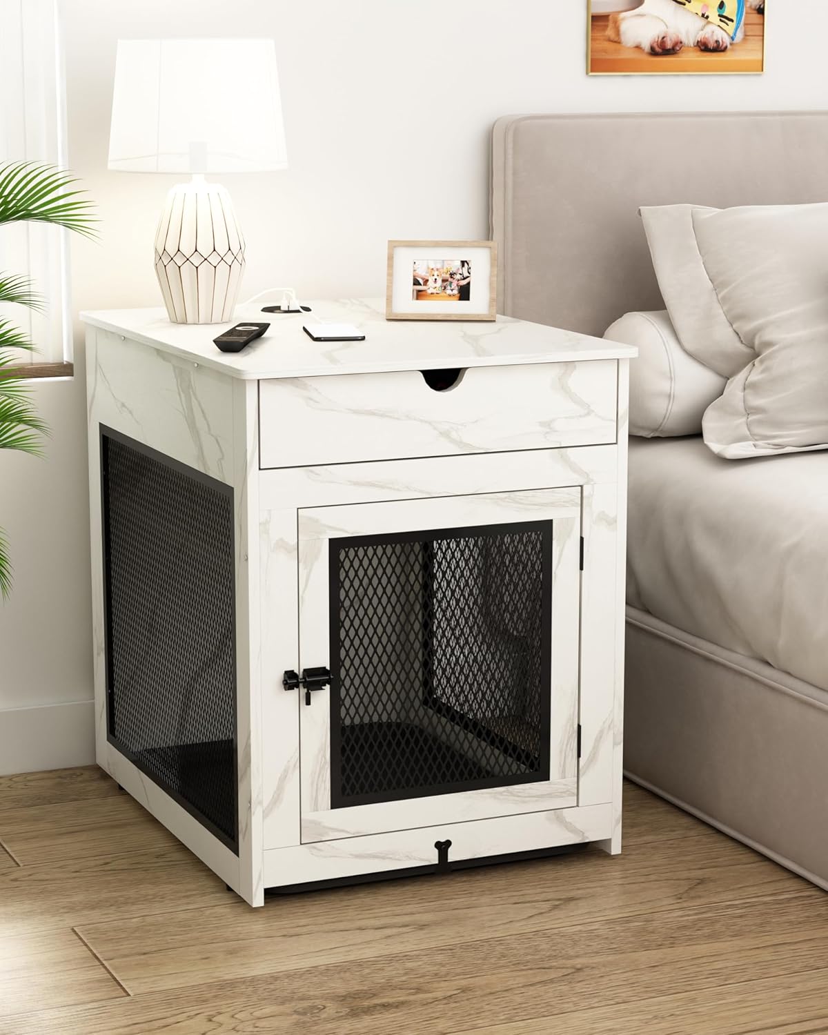 Piskyet Dog Crate Furniture,Wooden Dog Crate End Table with Storage Drawer&Cushion&Tray, QC3.0 Wireless Charging,Dual USB,Medium Dogs Marble White
