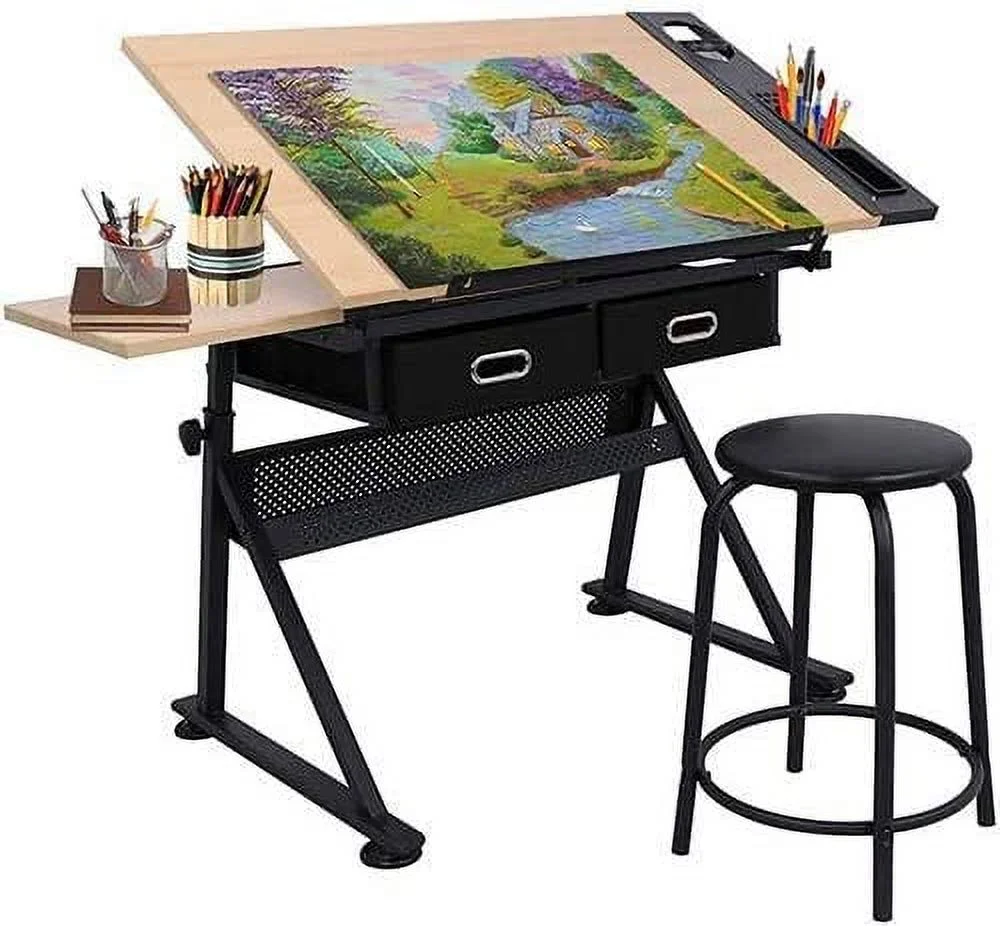 MDF Drafting Table Desk Art&Craft Work Station Drawing Desk Height Adjustable Craft Table w/Stool and 2 Storage Drawers for Home Office School Study Room