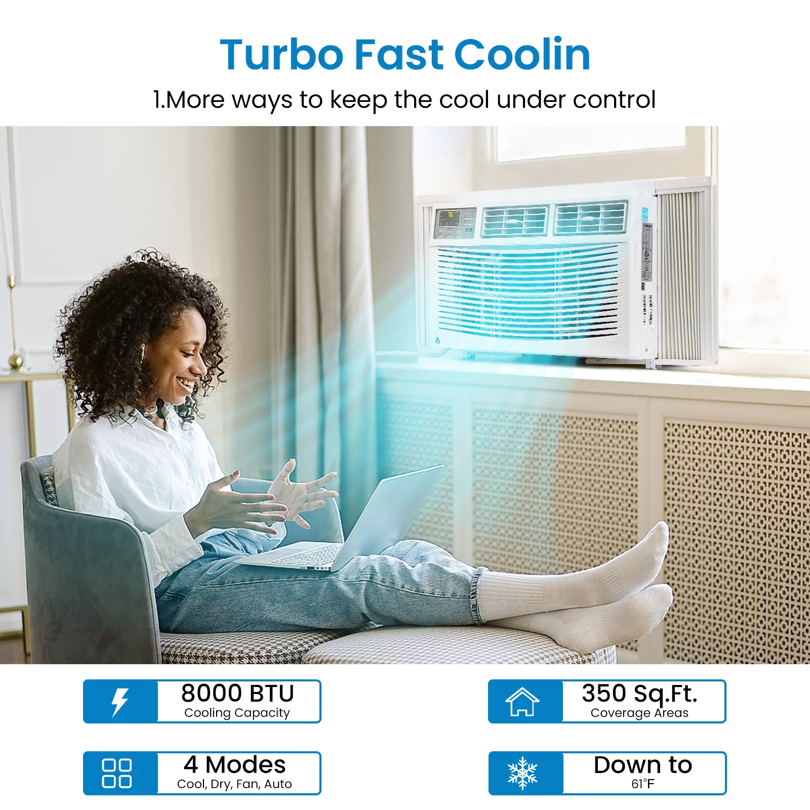 Window-Mounted Room Air Conditioner, 8,000 BTU, Cools 350 Sq.ft, Quiet Operation, Window AC Unit with Remote/App Control and Dehumidification Function