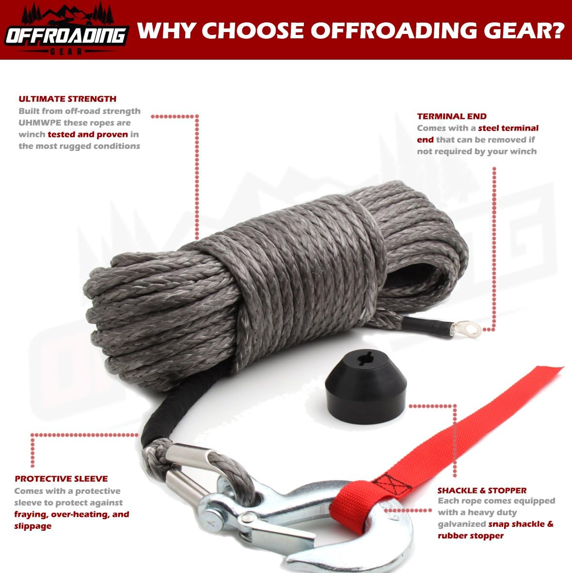 50'x3/16” Synthetic Winch Rope Kit | Replacement for Wire Cable | Jeep/ATV/Quad | Free Snap Hook & Stopper