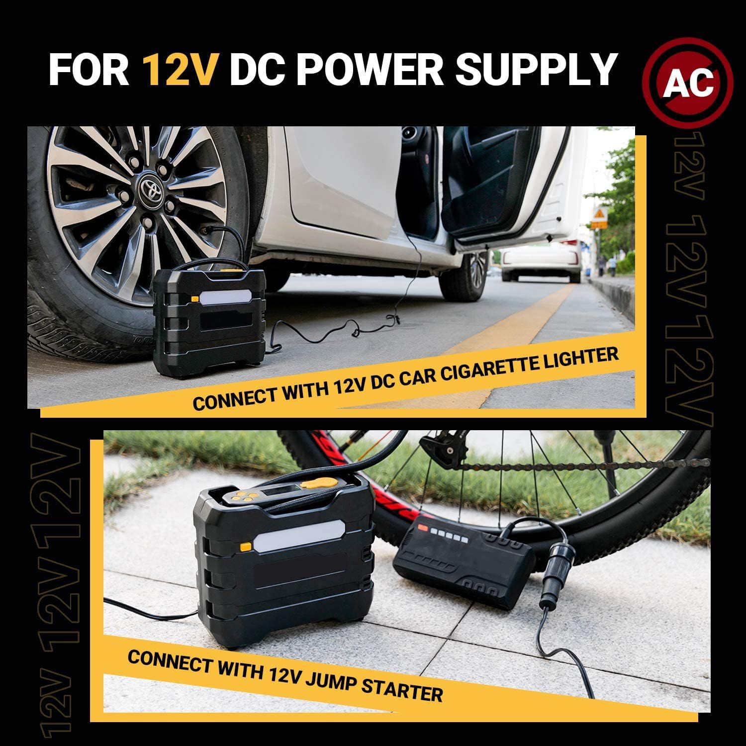 Car Tire Inflator 12V DC Portable Air Compressor with 3 LED Lights | Yellow 2Pcs