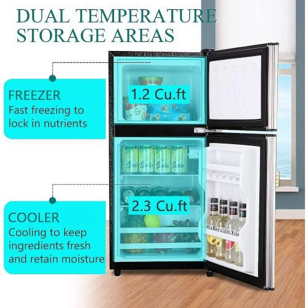 3.5 Cubic Feet Refrigerator, ZPL Compact Refrigerator, Mini Fridge with Freezer and 2 Door, 7 Level Thermostat Removable Shelves for Kitchen, Dorm, Apartment, Bar, Office, Silver