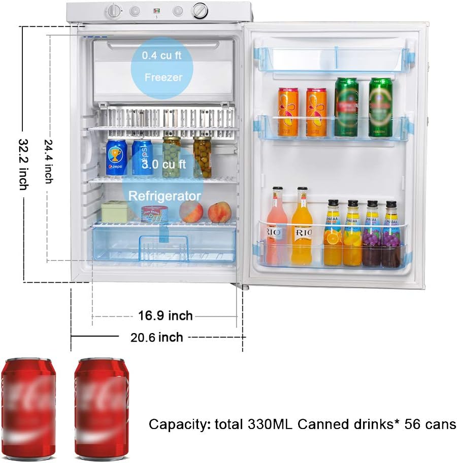 SMETA RV Propane Refrigerator with Freezer 12V/110V/Gas LPG, No Noise, RV Fridge for Dorm Office Garage Motorhome Caravan, Single Door, 3.5 Cu.Ft, White