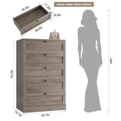 HOSTACK 5 Drawer Dresser for Bedroom, 43.7" Tall Dresser & Chest of Drawers, 29" W Drawer Chest with Metal Handles, Wood Vertical Dresser Storage Cabinet for Living Room, Hallway, Entryway, Ash Grey