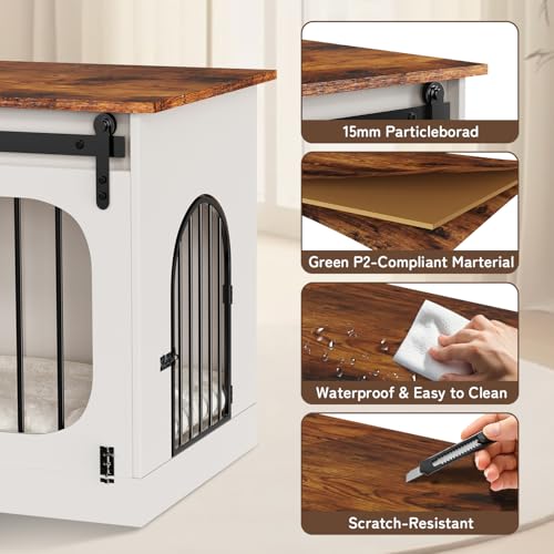 XL Dog Kennel Furniture,39.4 Inch Farmhouse Crate Furniture with Cushion Decorative White Dog Kennel Indoor Thick Wooden Pet House End Table Modern Cage Furniture for Small/Medium/Large Dog