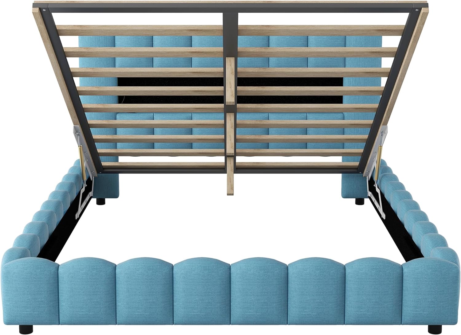 Quee Size Bed With Storage Udereath, Lift Up Storage Bed Frame With LED Headboard Ad USB, Upholstered Platform Bed, Mattress Foudatio, Wood Slat Support, o Box Sprig eeded, Lie Blue