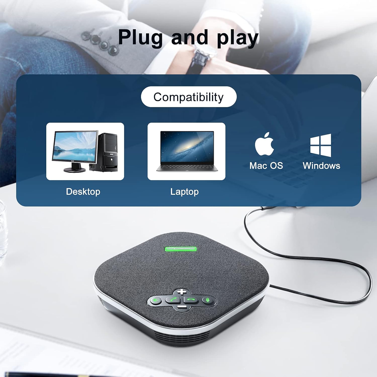 TONGVEO USB Speakerphone Conference Microphone,M3 Conference Speaker Built-in Full Duplex 360°Voice Pickup 4 AI Microphones Noise Cancellation Mics for Video Conference,Gaming,Chatting,Skype…