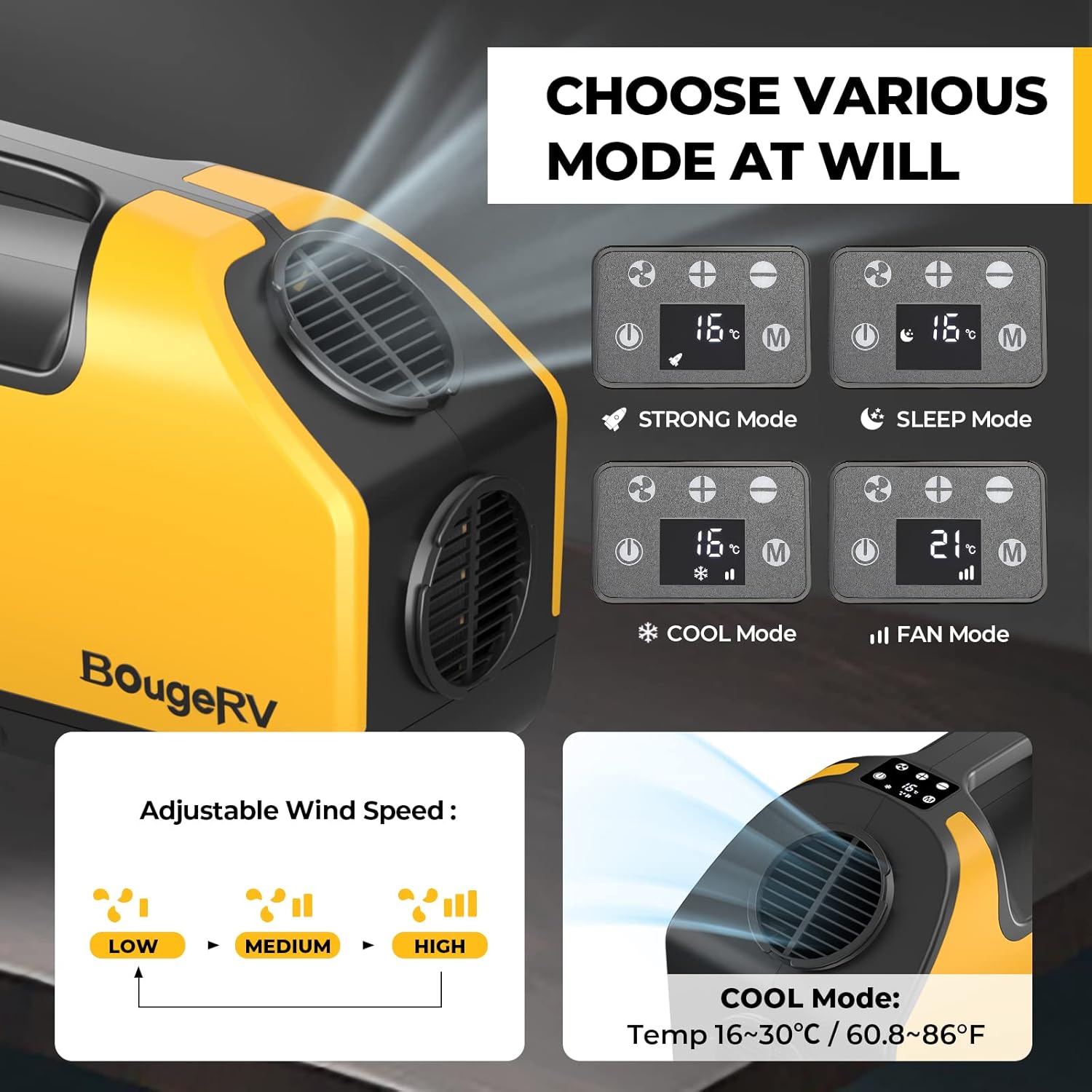 BougeRV Portable Air Conditioner, 2899BTU Tent Air Conditioner, 250W Low Power Consumption, 24VDC, 3 Wind Speeds for Van Life, Camping Tent, Outdoor