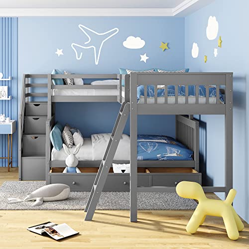 Twin Over Full L-Shaped Wooden Bunk Bed with Storage Drawers, Ladder and Staircase, Triple Bunk Bed Frame for 3 Kids Teens Adults, Gray