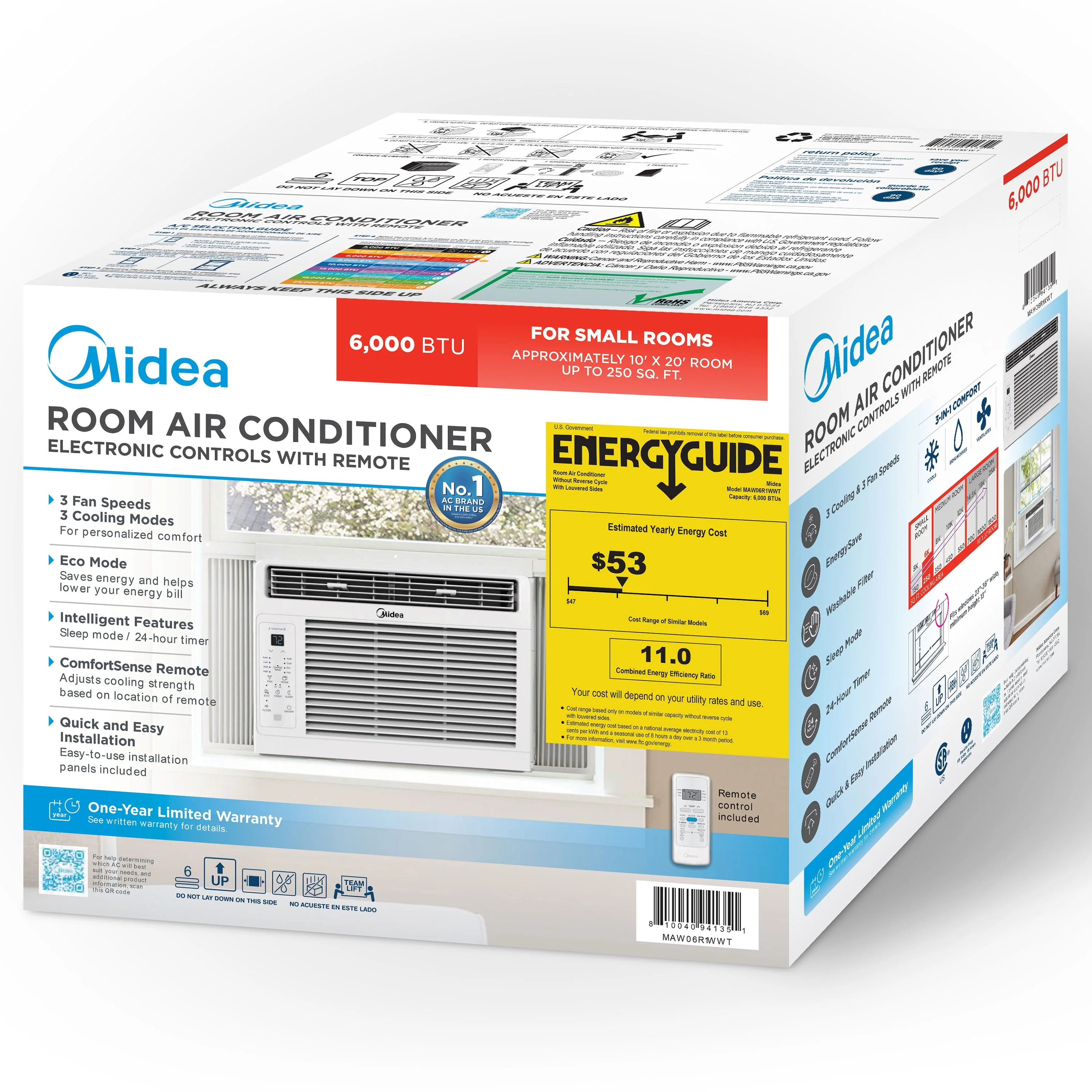 Midea 6,000 BTU 115V Window Air Conditioner with ComfortSense Remote, up to 250 sq ft Coverage Area, White, MAW06R1WWT