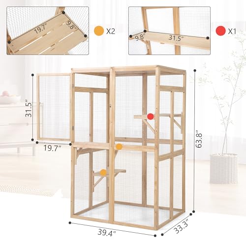 ISDAY Extra Large Outdoor Cat House Wooden Cat Cage Waterproof Roof Catio Outdoor Cat Enclosure - Cat Play & Run Enclosures Cat Playpen Window Cats Crate with 7 Platform and 2 Resting Box (Orange)
