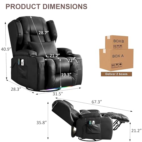 TUNYI Power Recliner Chair Velvet Fabric Home Theater Seating Glider Reclining Sofa with Massage & Heat Swivel Rocker Recliner Chair for Living Room with LED Light/USB Port/Lumbar Pillow (Brown)