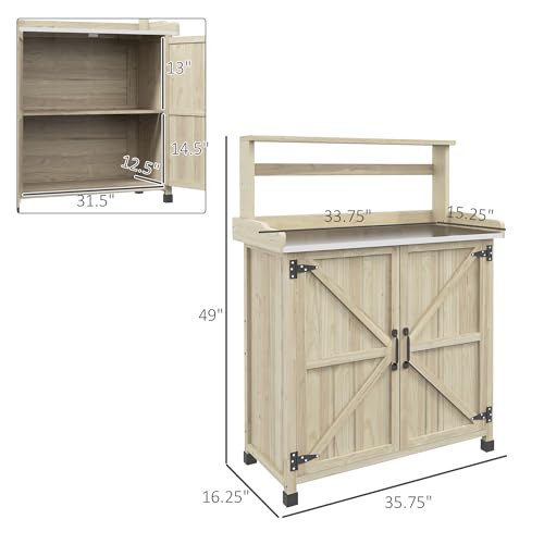 Farmhouse Outdoor Wooden Potting Table with 2 Door Cabinets Garden Workbench with Galvanized Table Top and 2 Shelves Outdoor Potting Bench for Patio, Lawn, Yard or Garden (Gray)