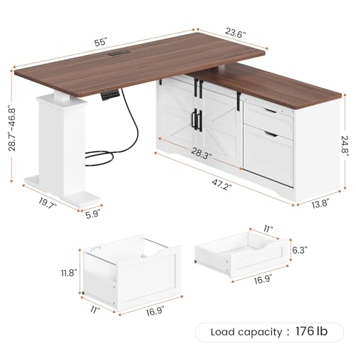 SEDETA Farmhouse L Shaped Standing Desk, 55 inch Height Adjustable Corner Desk with Storage Drawers, Standing Computer Desks with Power Outlets for Home Office, Black