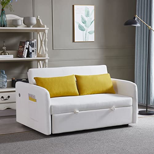 Upholstered 2 Seaters Futon Sofa Loveseat with Adjustable Backrest Convertible Sleeper Couch Bed for Small Space Apartment Office Living Room Velvet Tufted Twin XL W/Pillows,Side Pockets & USB Port