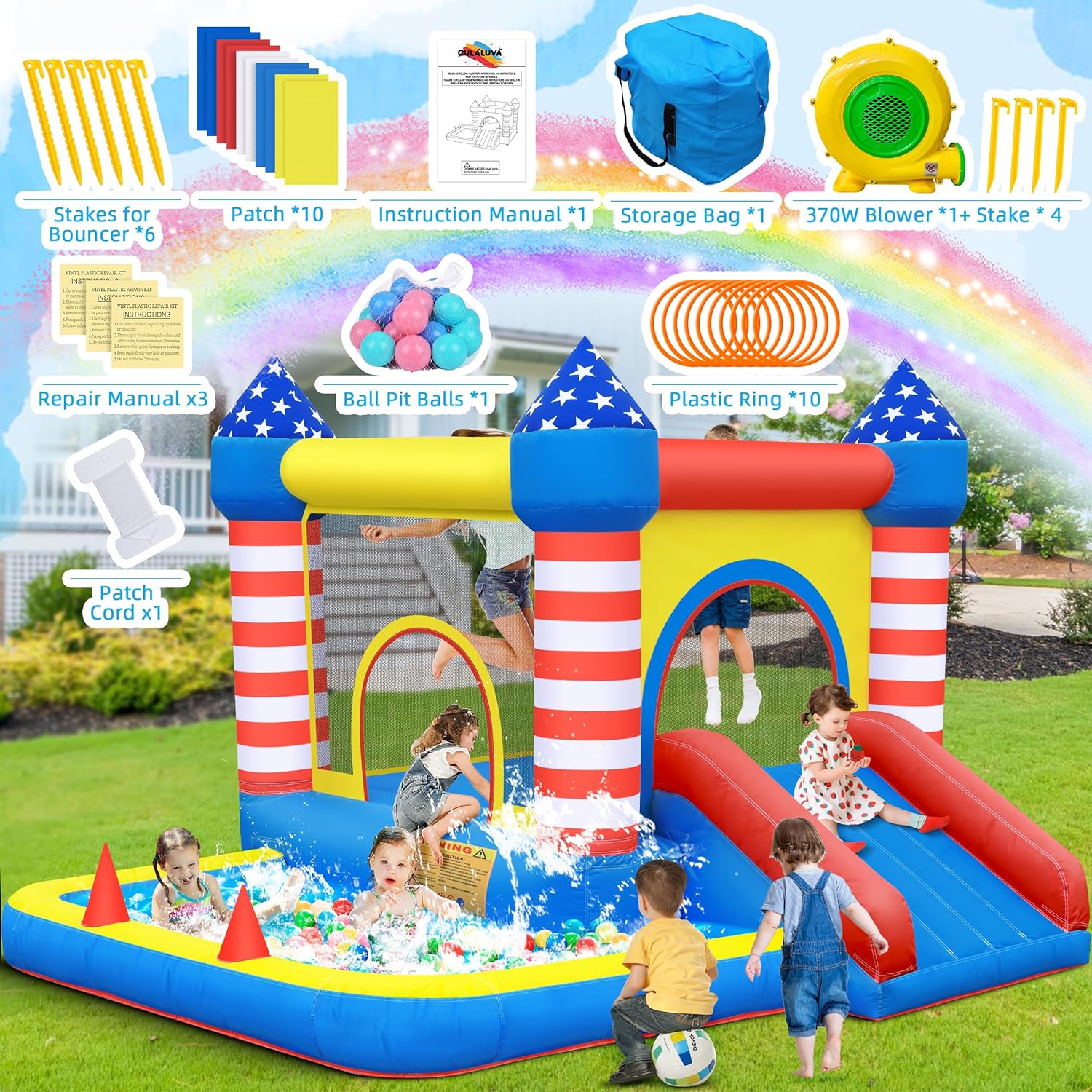 Culaluva Inflatable Bounce House: Bouncer Bouncy Castle 5 in 1 with Ball Pit & Slide for Kids Aged 3-8 - with 370W Blower & Storage Bag - Indoor Outdoor Play Stripes Style