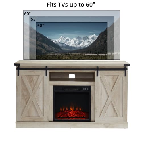 JYED Farmhouse Electric Fireplace TV Stand with Sliding Barn Door for TVs up to 60",White Oak Entertainment Center with Remote Control,Cable Hole,Adjustable Shelves for Living Room.54"x15.5"x31"