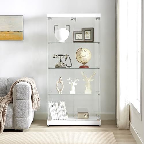 Glass Display Cabinet with LED Lights, Glass Curio Cabinets with Double Doors, Locking Glass Cabinet Display Case for Home, Office, Clinic, Pantry, Assemble Required (Black)