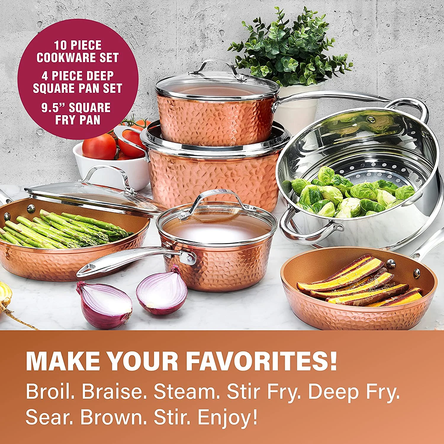 Gotham Steel Hammered Copper Collection – 20 Piece Premium Cookware & Bakeware Set with Nonstick Copper Coating, Includes Skillets, Stock Pots, Deep Square Fry Basket, Cookie Sheet and Baking Pans