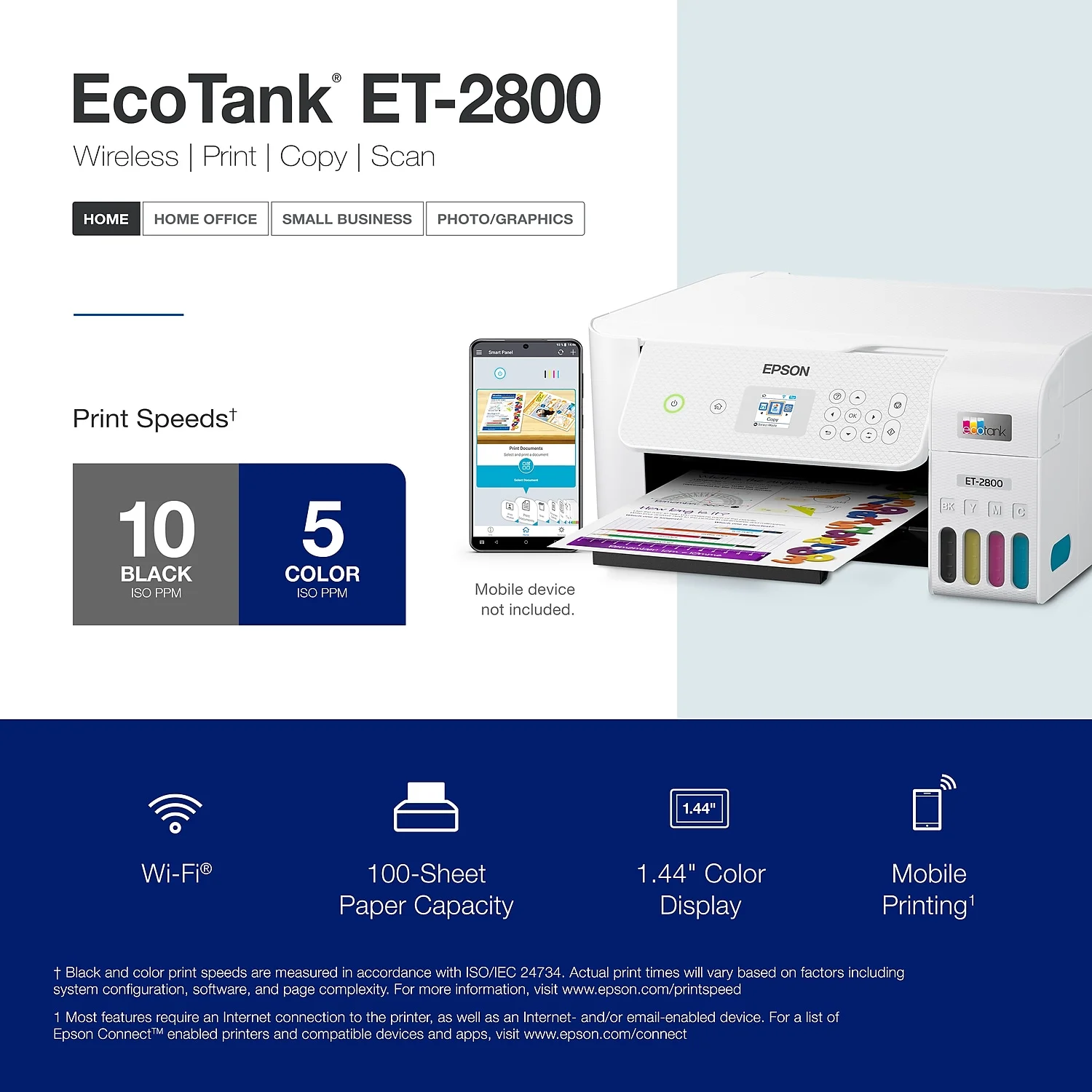 Epson EcoTank ET-2800 Wireless Color All-in-One Cartridge-Free Supertank Printer with Scan and Copy ? The Ideal Basic Home Printer - White
