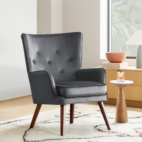 Wingback Velvet Accent Chairs, Mid Century Modern Arm Chair Tufted Button Armchair, Comfy Upholstered Club Lounge Sofa Reading Chair with Solid Wood Legs for Living Room, Bedroom, Blue