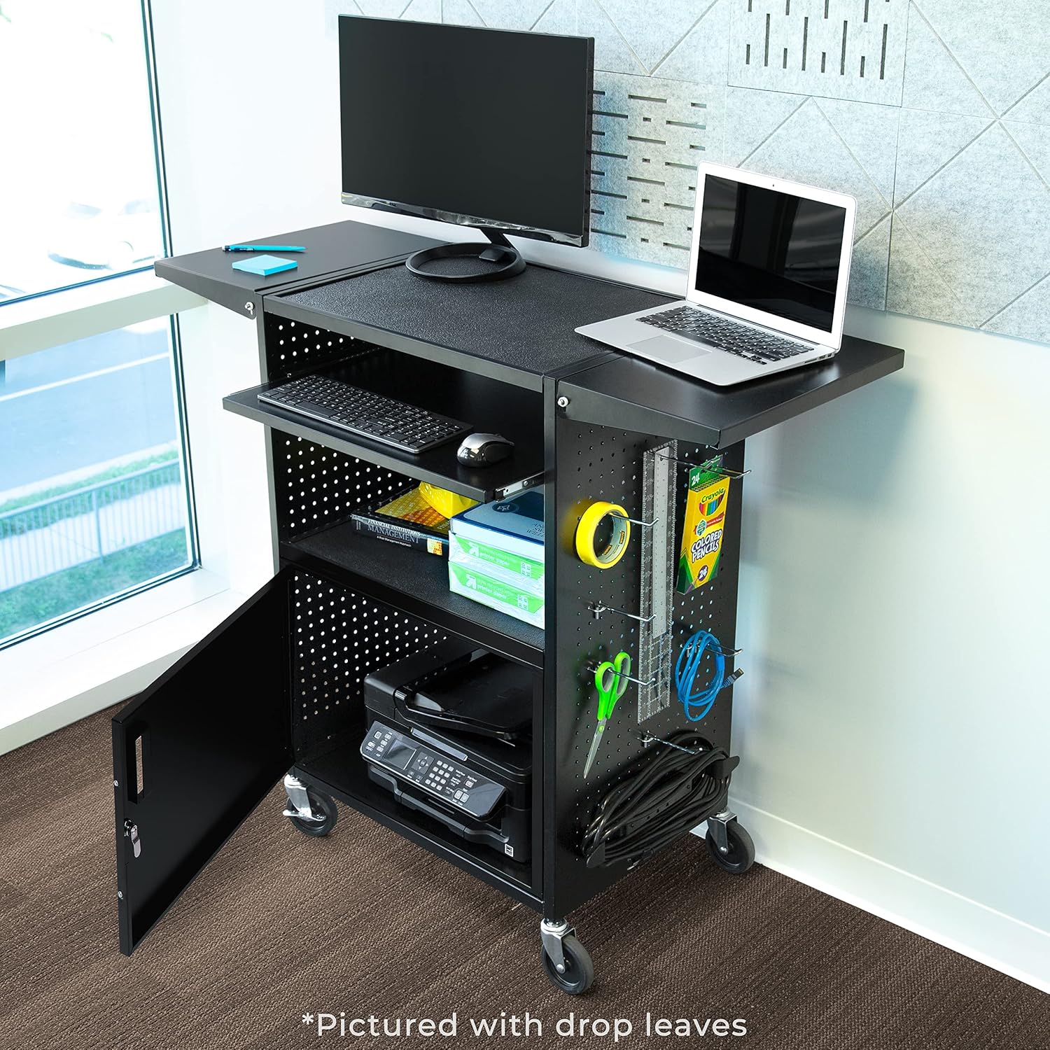 Line Leader Stellar AV Cart | Computer Cart with Pegboard Siding & 12 Hooks for Customizable Storage | Locking Cabinet & Pullout Keyboard Tray | UL Safety Certified Power Outlets | Locking Wheels