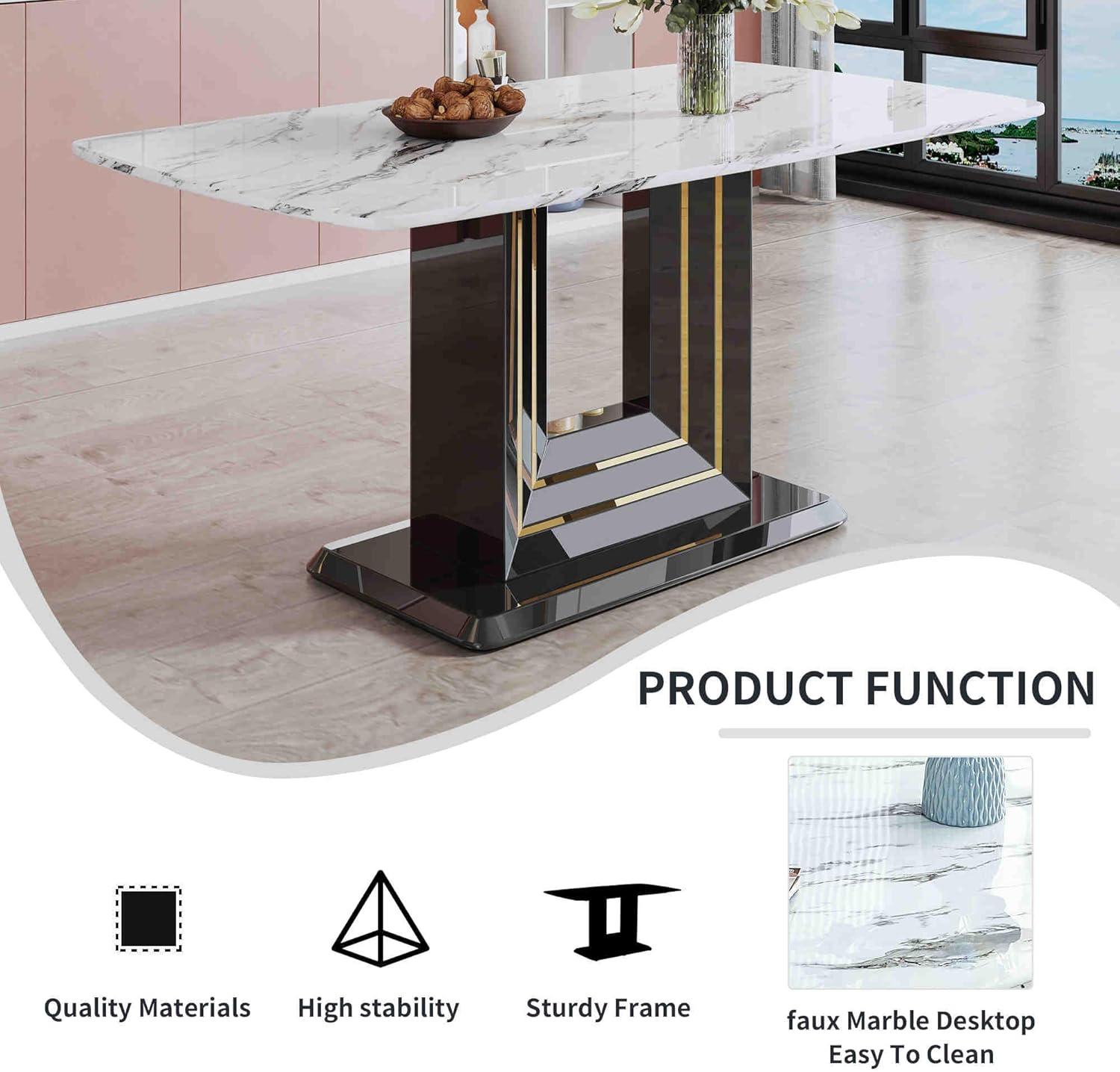 Stylish Furniture for 6 People Modern 7-Piece Dining Table Set with 6 Soft Chairs - Faux Marble Kitchen Table U Shape Table Legs