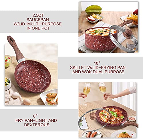 KOCH SYSTEME CS Nonstick Cookware Set - Saucepan and Frying Pans/Skillets Set, Induction Cooker Compatible, Red Stone-Derived Nonstick Coating & Cool-to-Touch Bakelite Handle, PFOS PFOA Free, 5 Piece