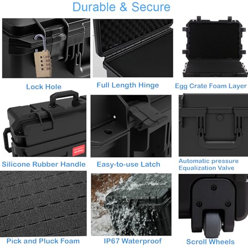Regetek 27 Inch Waterproof Hard Case with Wheels,Customizable Foam,Rolling Hard Case for cameras,lenses, Camcorder,Drone,Instrument,equipment, tool, IP67,Shockproof,Gear Roller Case 27"x 20"x 13"