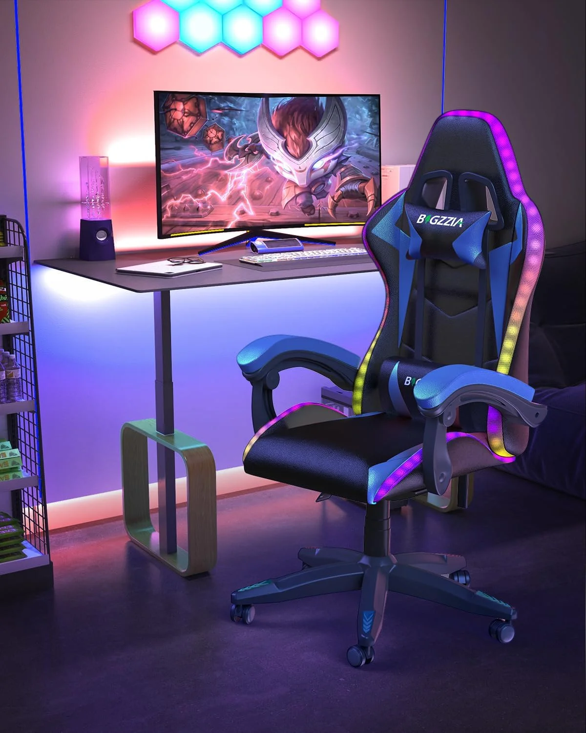 Bigzzia RGB Gaming Chair with LED Lights and Ergonomic Gaming Chair Reclining PU Leather High Back Game Chair with Headrest Adjustable Lumbar Support Linkage Armrest for Adults (Black/Blue) - Curated Treasures Market