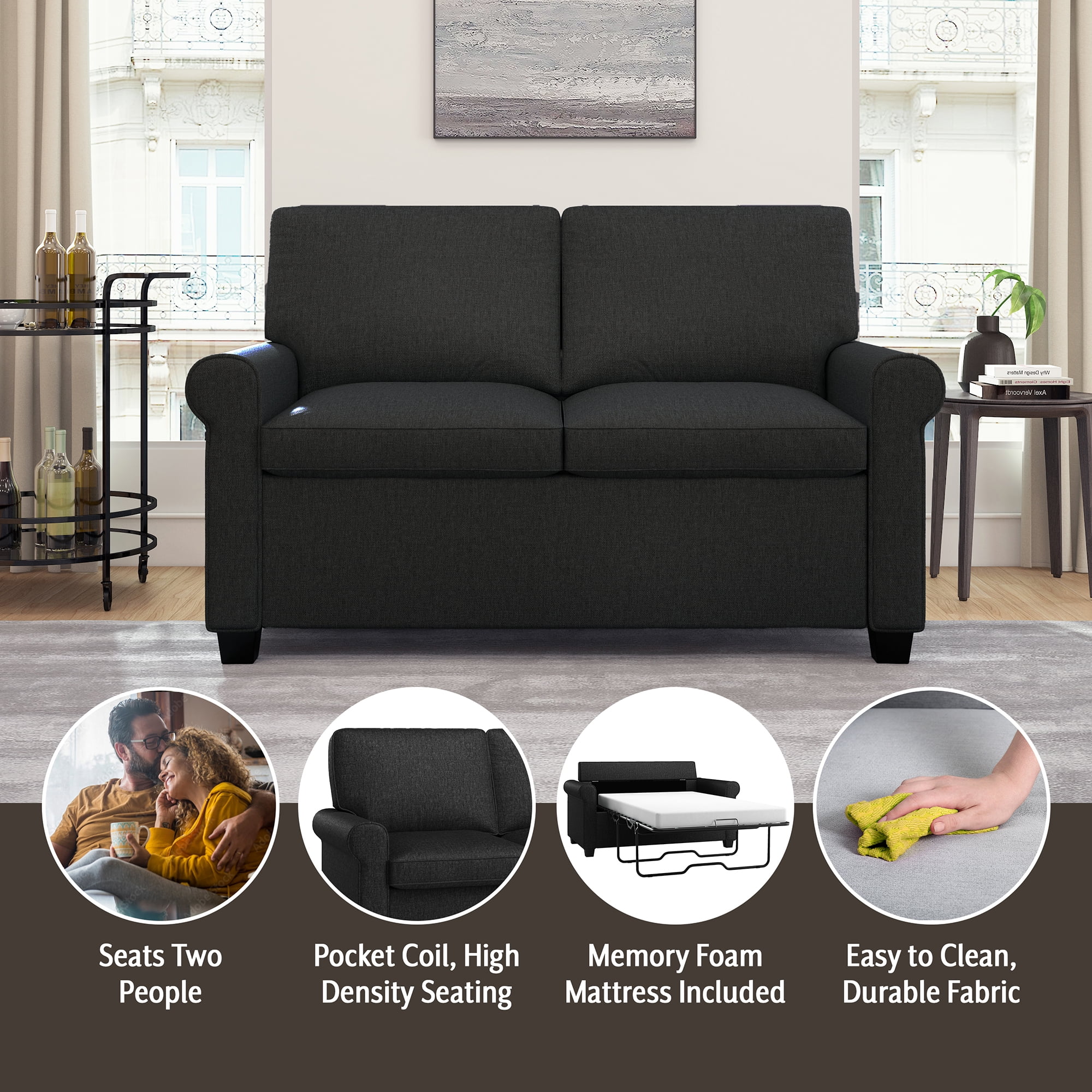Mainstays Tatum Twin Sleeper Loveseat, Black