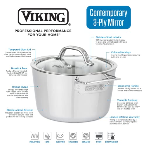 Viking Culinary Contemporary 3-Ply Stainless Steel Cookware Set with Glass Lids, 12 Piece, Dishwasher, Oven Safe, Works on All Cooktops including Induction,Silver