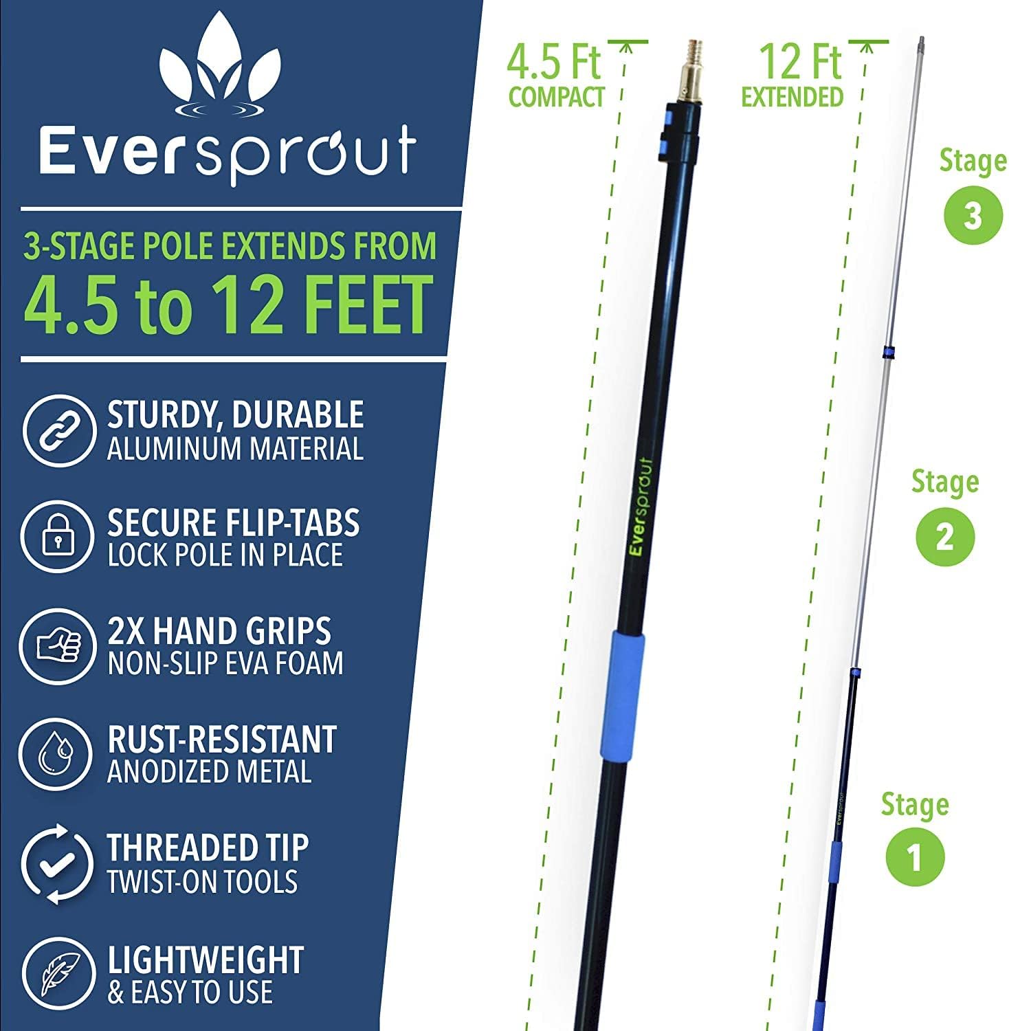 EVERSPROUT Never-Scratch SnowBuster 5-to-12 Foot (Up to 18 ft Standing Reach) | Pre-Assembled Extendable Roof Rake for Snow Removal | Lightweight Aluminum, Soft Foam Pad | Exclusive Push/Pull Design Pack of 2