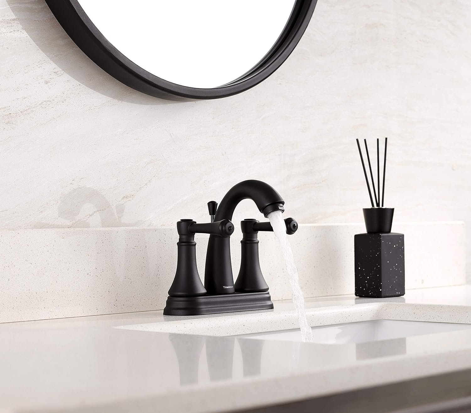 TimeArrow Brass 2 Handle Centerset Bathroom Sink Faucet Matte Black with Drain Assembly with Overflow and Lift Rod, TAF410Y-MB