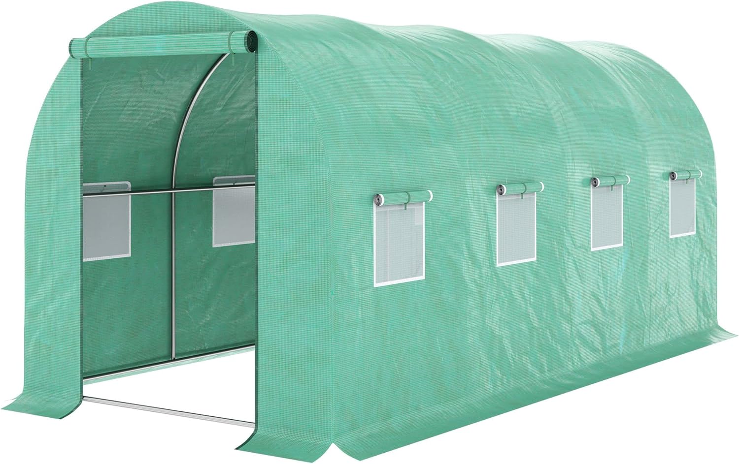 Outsunny 15' x 7' x 6.5' Walk-in Tunnel Hoop Greenhouse, Green House with Polyethylene PE Cover, Steel Frame, Roll-Up Zipper Door & Windows for Flowers, Vegetables, Tropical Plants, Green