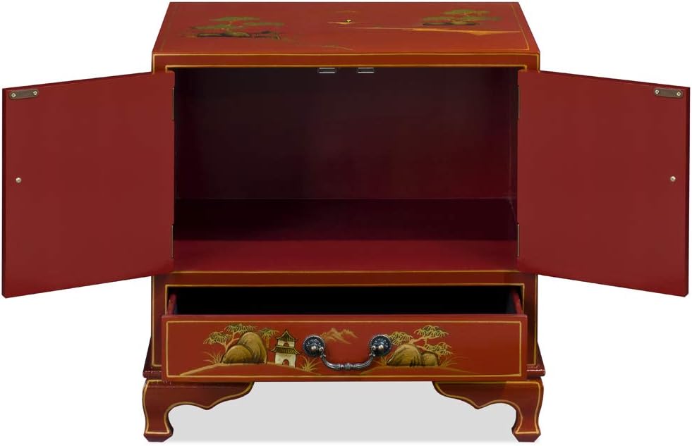 ChinaFurnitureOnline Wooden Chinese Cabinet, Red Lacquer Chinoiserie Scenery Motif