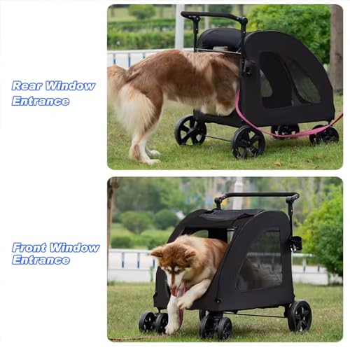 Large Dog Stroller, Removable Cushion Adjustable Handle Foldable 4 Wheel Pet Stroller, Front and Back Access to Dog Wagon for 180 lbs Large Dog or 2 Medium Dogs (Black)