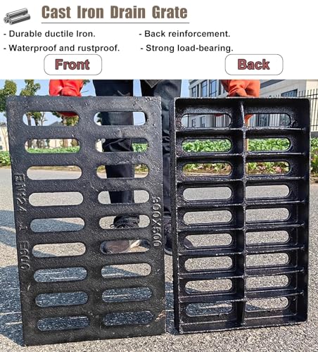 Drain Grate Rainwater Well Cover Cover Plate Grid For Driveway, Outdoor Rectangle Cast Iron Drain Cover Industrial Drain Strainers Grate, 6/8/10/12/14/16/18 Inch Width Stormwater Drain Grates