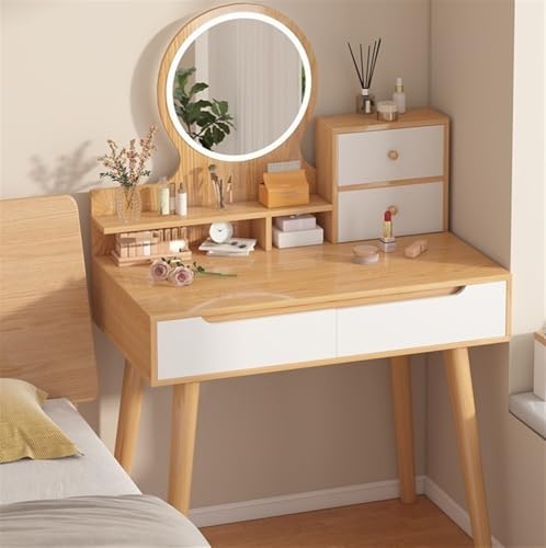 Dressing Table for Small Space, Vanity Desk Makeup Vanity Table with Lighted Mirror Vanity Set with Wood Desktop(Natural)