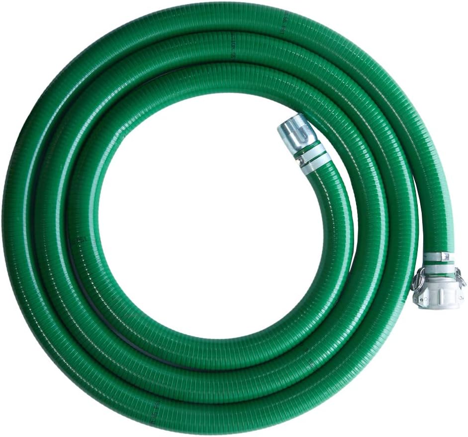 Suction Pump Water Hose with Pump Threads/Camlock - Made in the USA - White/Clear Trash Pump Hose - 2 x 20'