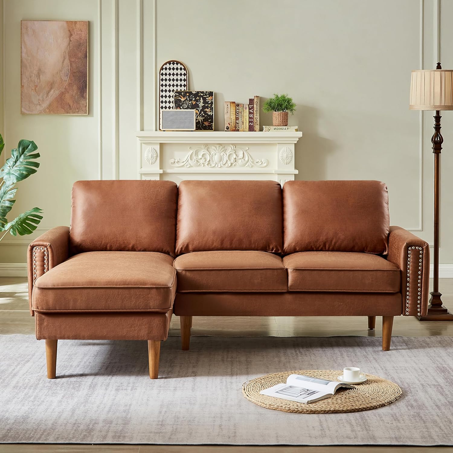 Lifeand 82.2" L-Shape Sofa Couch with Chais Mid-Century Copper Nail on Arms,Strong Wooden Leg and Suede Fabric Design,Left Chaise, Brown