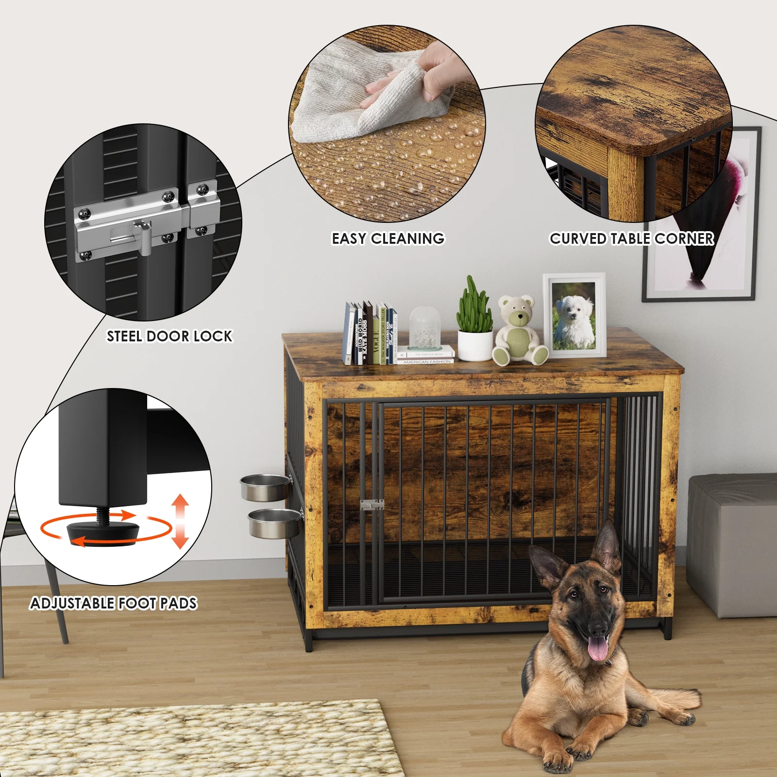 Arlopu 44.1'' Furniture Style Large Dog Crate with 2 Stainless Steel Bowls, Wooden Dog Cage End Table Dog House Heavy Duty Indoor Kennel for Small, Medium, Large Dogs