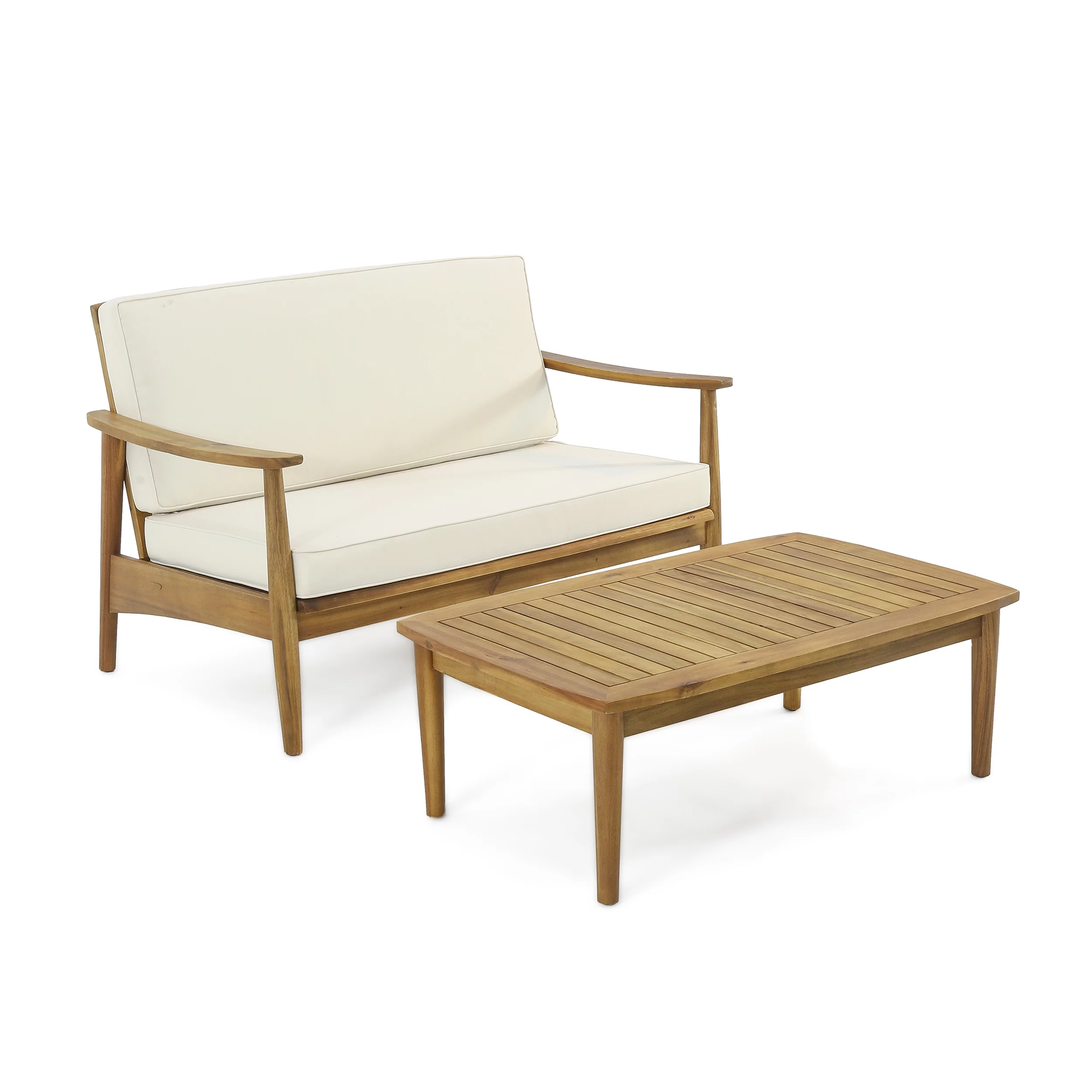Greta Outdoor Acacia Wood Loveseat Set with Coffee Table, Teak, Beige