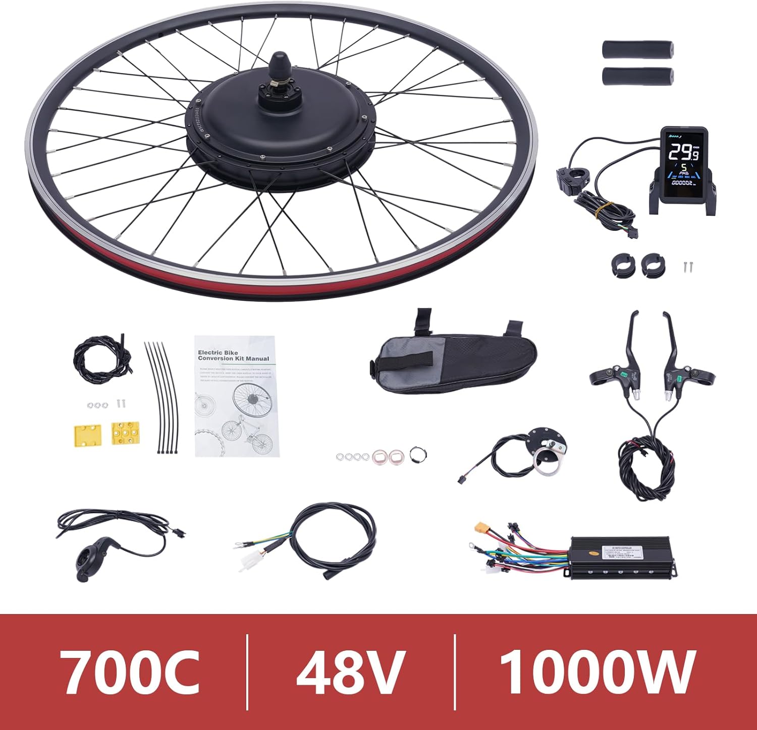 E-Bike Rear Wheel Conversion Kit, 48V 1000W Electric Bicycle Conversion Kit E-Bike Motor Kit with LCD Display, 700C Rear Wheel Powerful Motor E-Bike Conversion Kit 5 Gears Controller